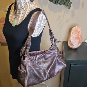 Ferromoda Genuine Distressed Leather Brown Women's Shoulder Bag